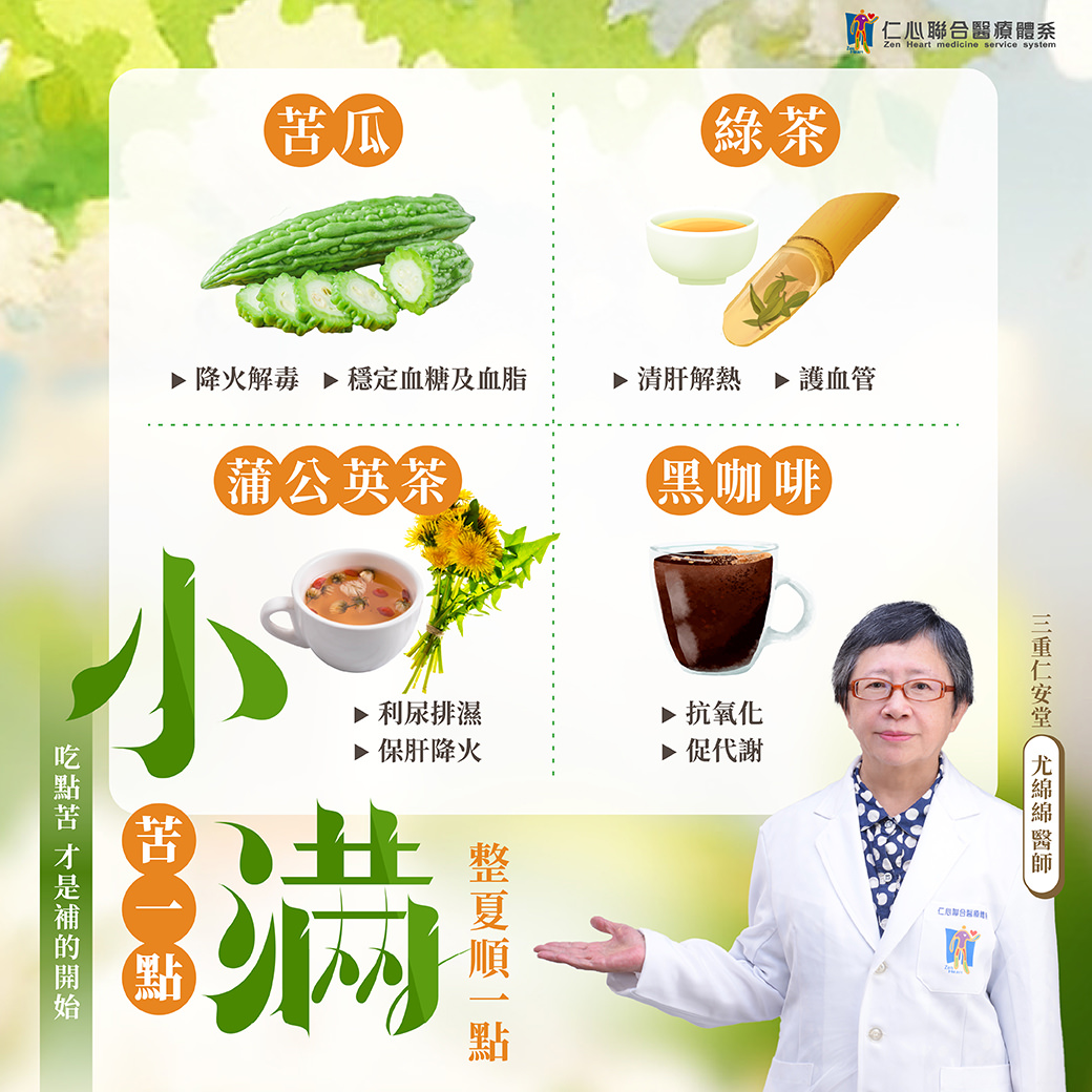 中醫師推薦小滿節氣養生,強調苦瓜、綠茶、蒲公英茶與黑咖啡四種微苦食材的健康功效,有助降火解毒、穩定血糖、清肝解熱、利尿排濕及抗氧化促代謝,提醒民眾「吃點苦」才能順利補益身體,整夏健康順暢。