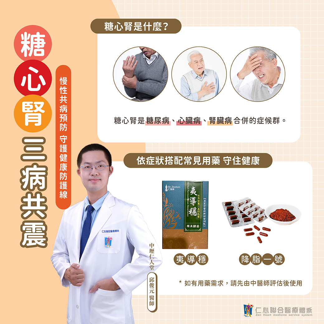 中医师说明「糖心肾」三病共震症候群,即糖尿病、心脏病、肾脏病三者合并,透过常见症状与依症状搭配中药「夷导稳」与「降脂二号」,达到预防与守护慢性共病健康的效果,提醒民众需依医师指示使用。